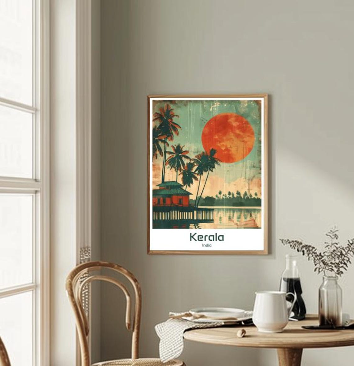 Kerala India Backwaters Palms Stilt House Big Sun Retro Travel Poster - Image 2