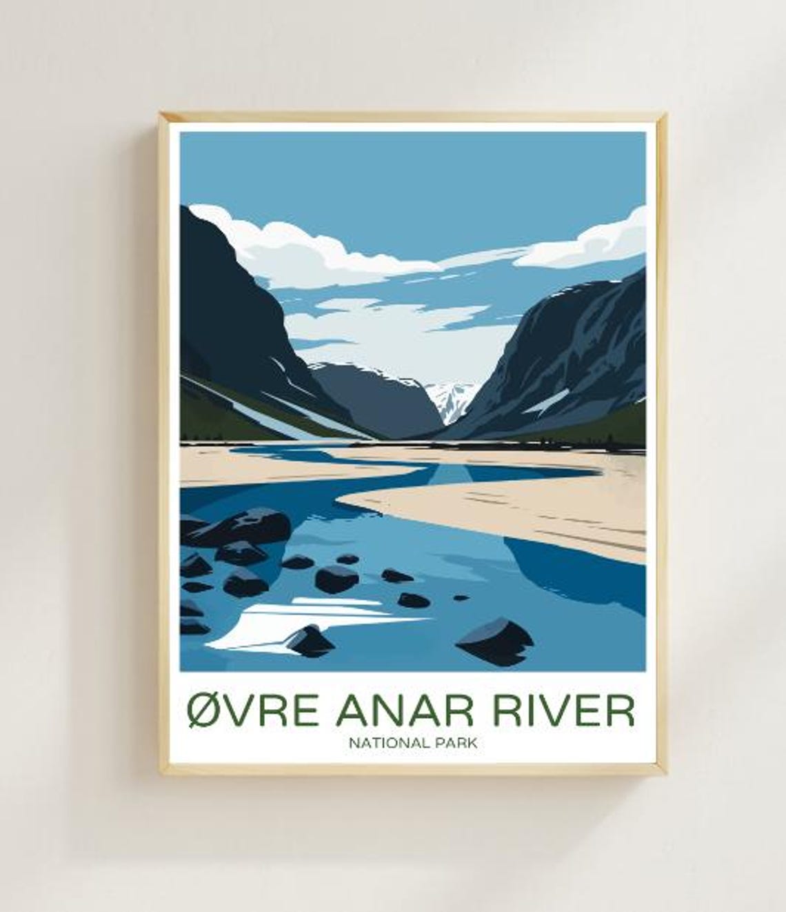Øvre Anar River Winding Through Blue Mountain Valley Travel Poster