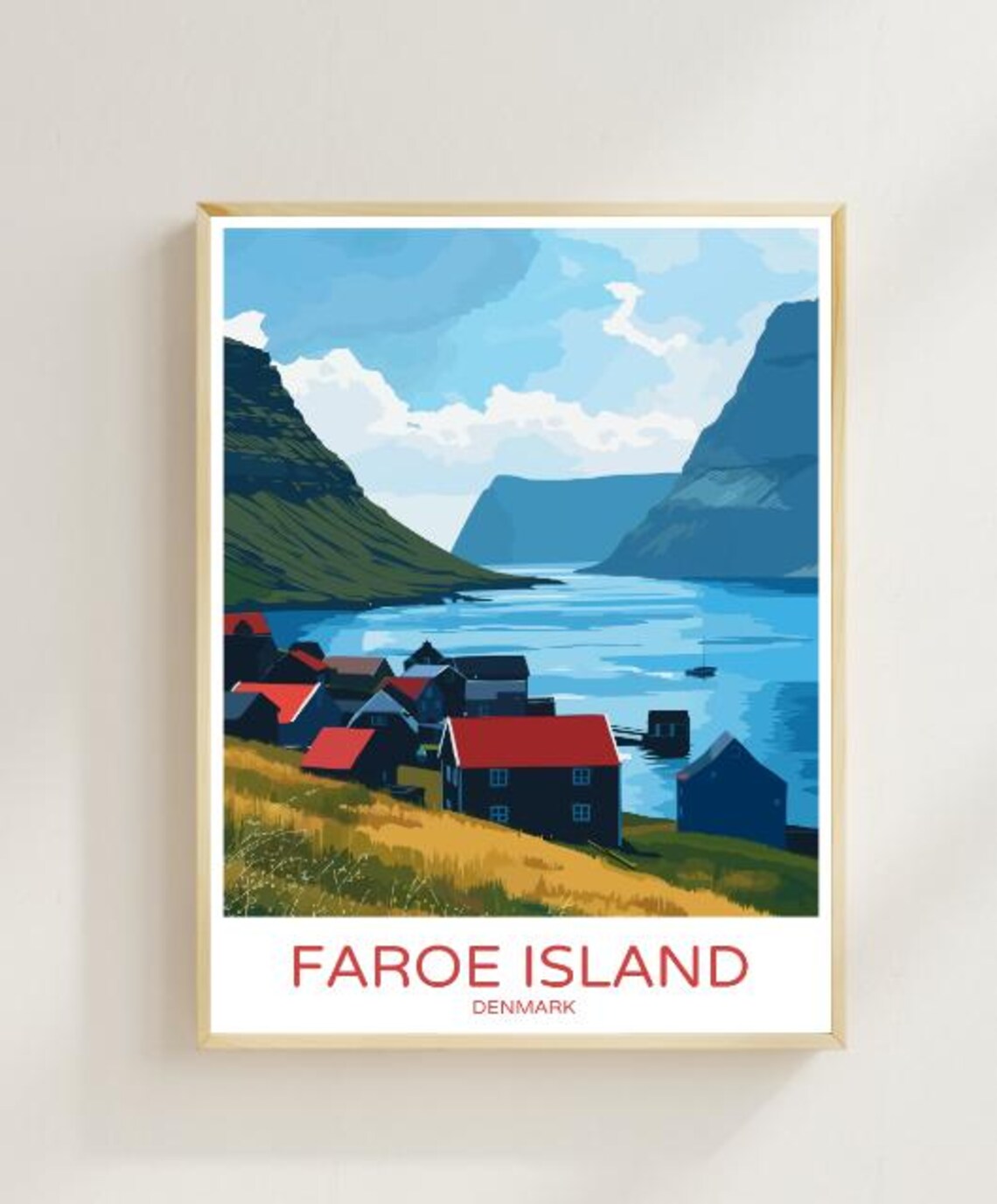 Faroe Island Denmark Fjord Village Poster With Red Roof Houses View