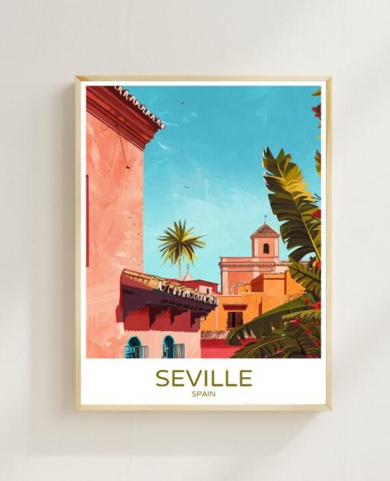 Seville Spain Old Town Courtyard With Palm And Tower Travel Poster
