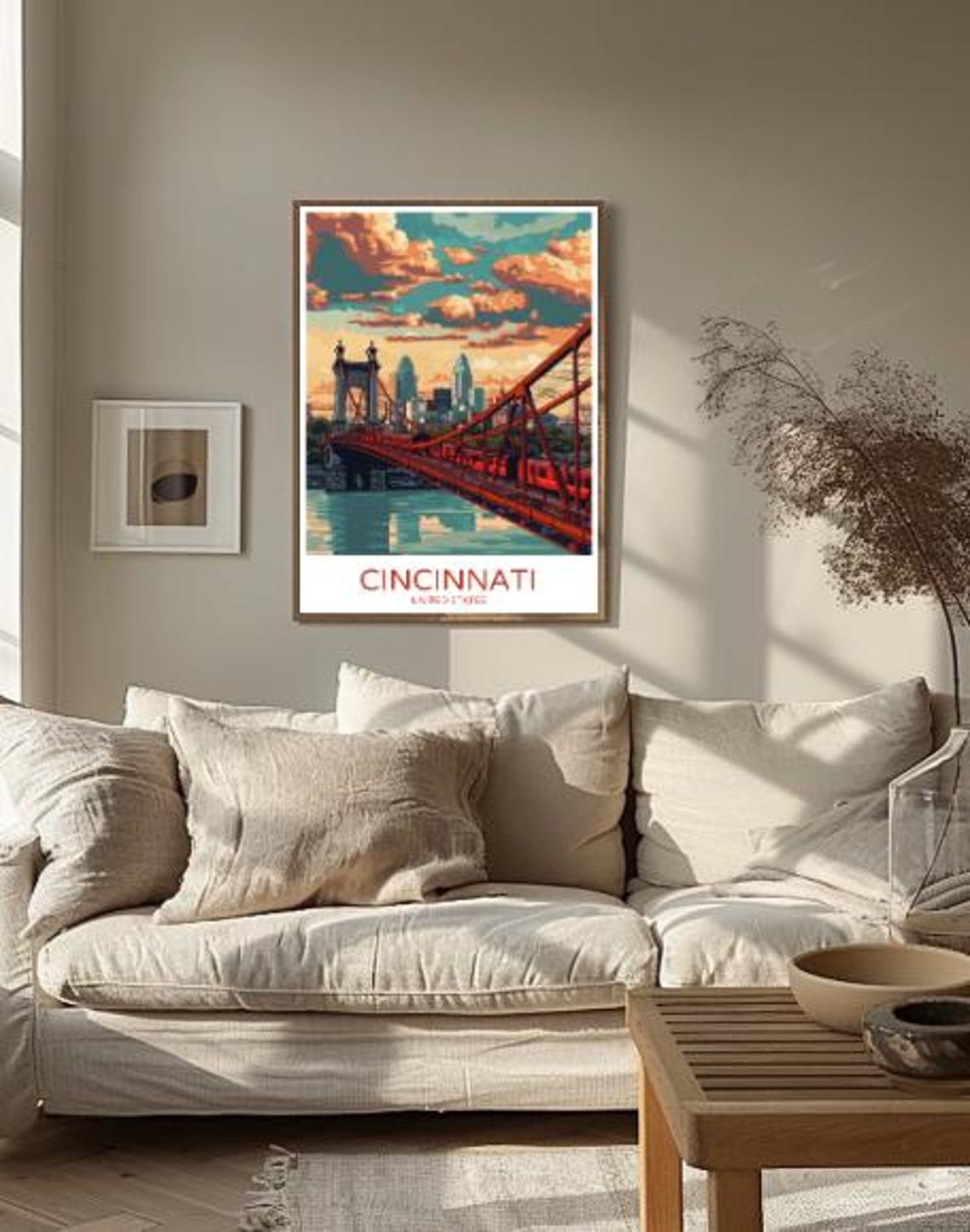 Cincinnati Ohio River Red Bridge Skyline Sunset Travel Poster - Image 2