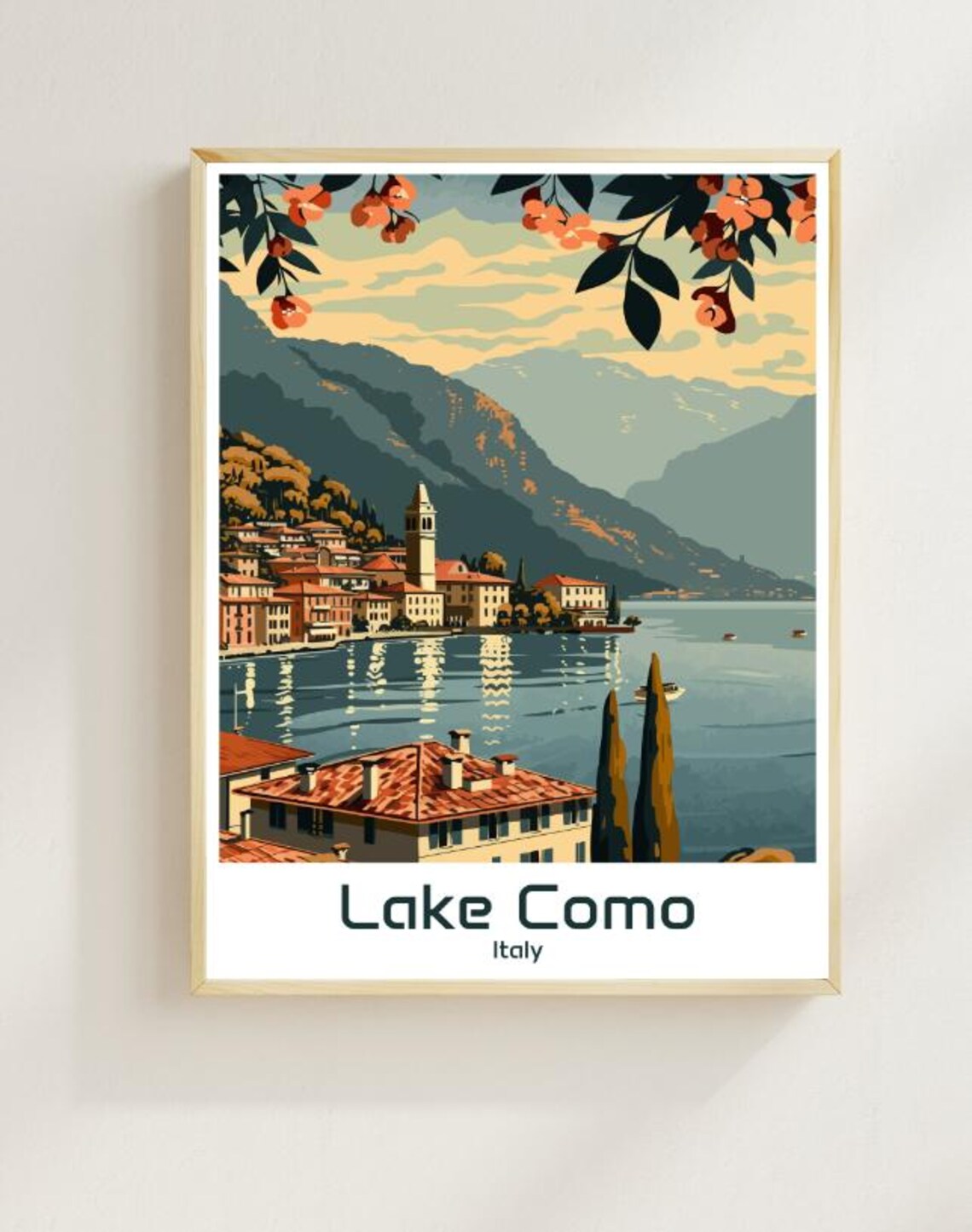 Lake Como Italy Lakeside Village Church Tower Sunset Travel Poster