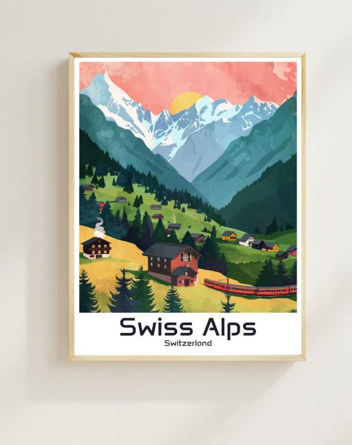 Swiss Alps Switzerland Summer Valley Chalets Red Train Poster
