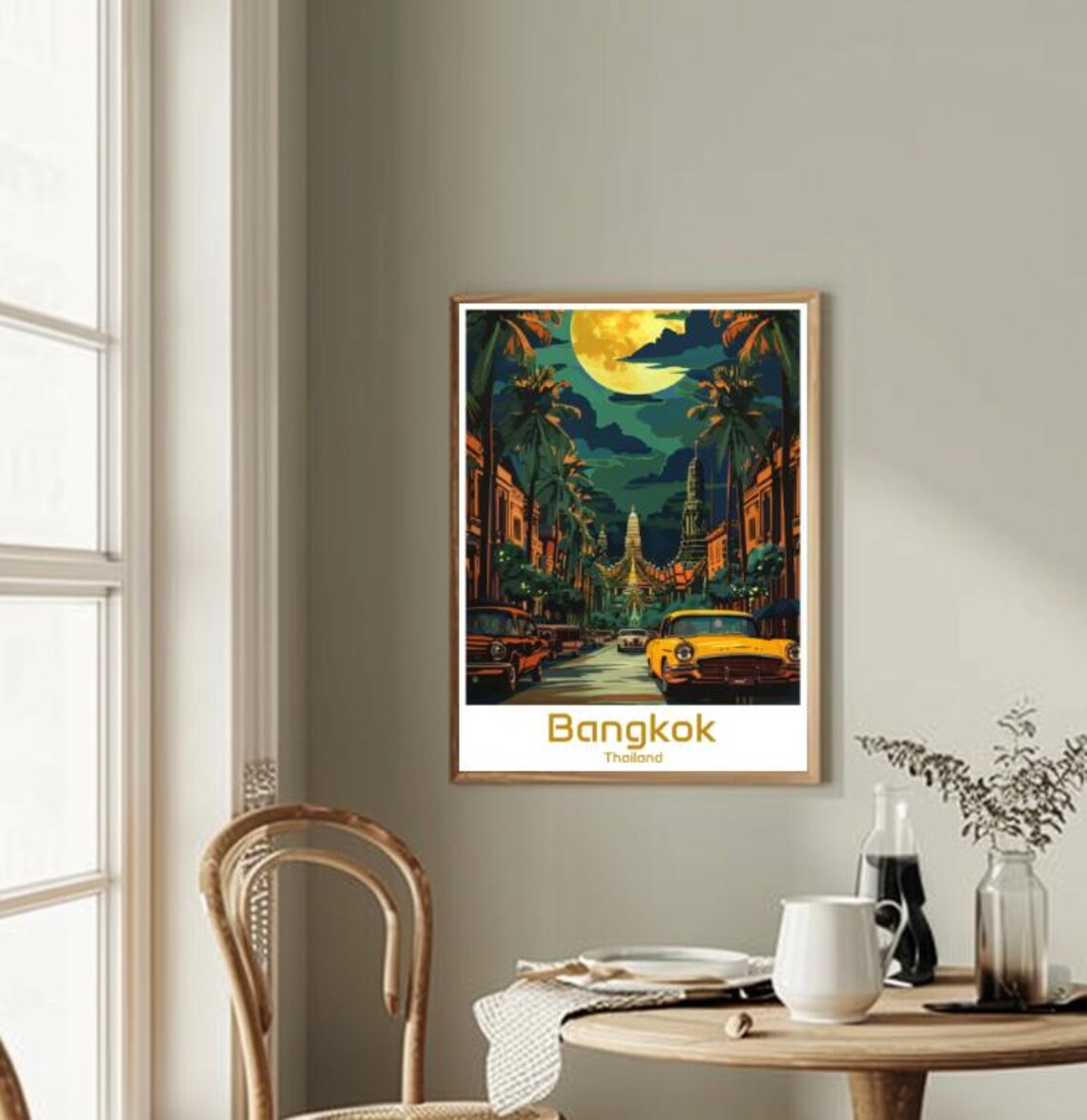 Bangkok Thailand Moonlit Temple Street Night Vintage Travel Poster - Image 2