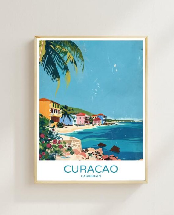 Curacao Caribbean Colorful Coastline Palm Tree Ocean View Travel Poster