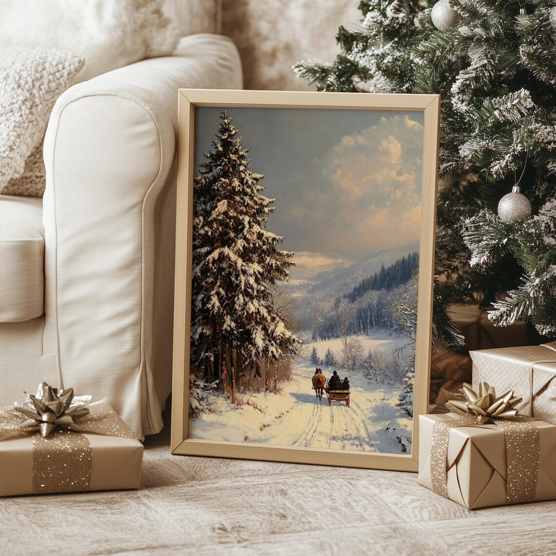 Horse Drawn Sleigh Snowy Forest Antique Winter Landscape Art Print - Image 3