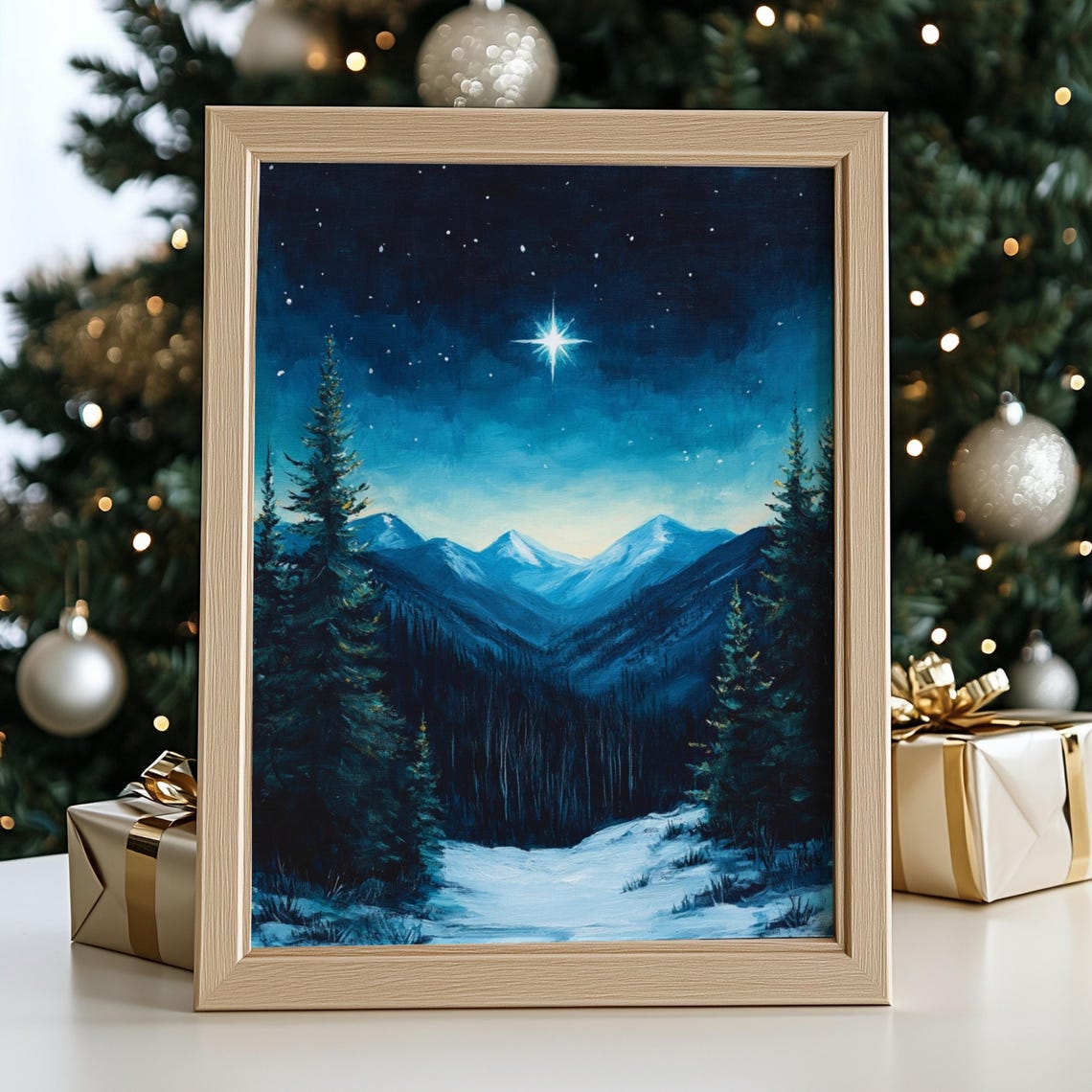 Christmas Star Over Snowy Mountains Pines Night Sky Nativity Print - Image 2