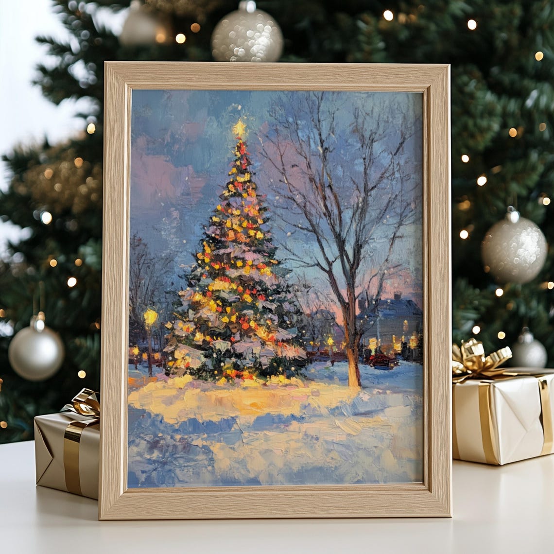 Outdoor Christmas Tree Lit At Dusk Snowy Evening Impressionist Print - Image 2
