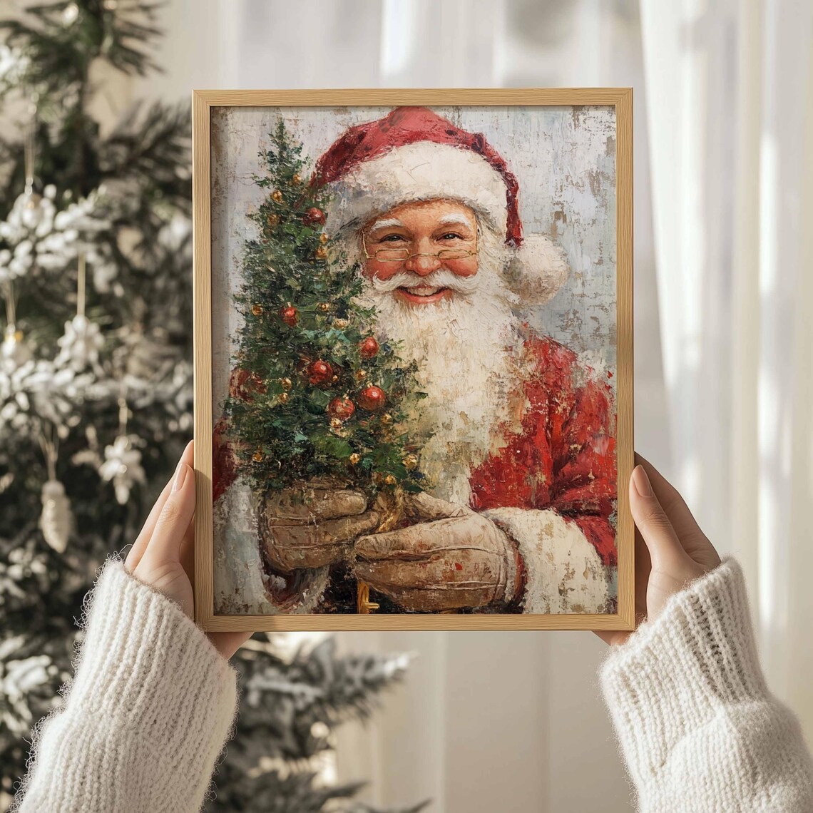 Smiling Santa Claus Holding Mini Christmas Tree Vintage Holiday Print - Image 3