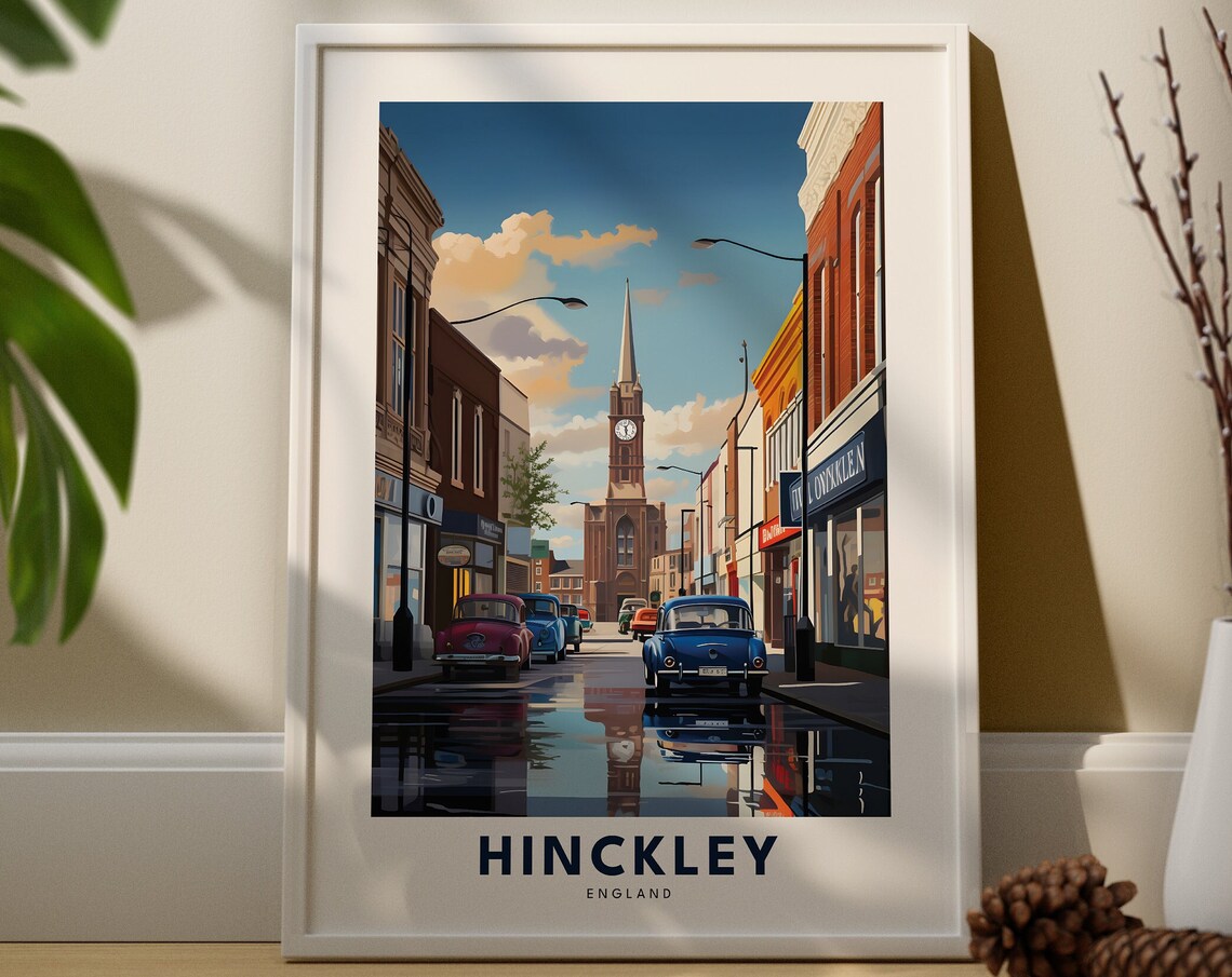 Hinckley England Rainy Street Church Spire Vintage Cars Poster