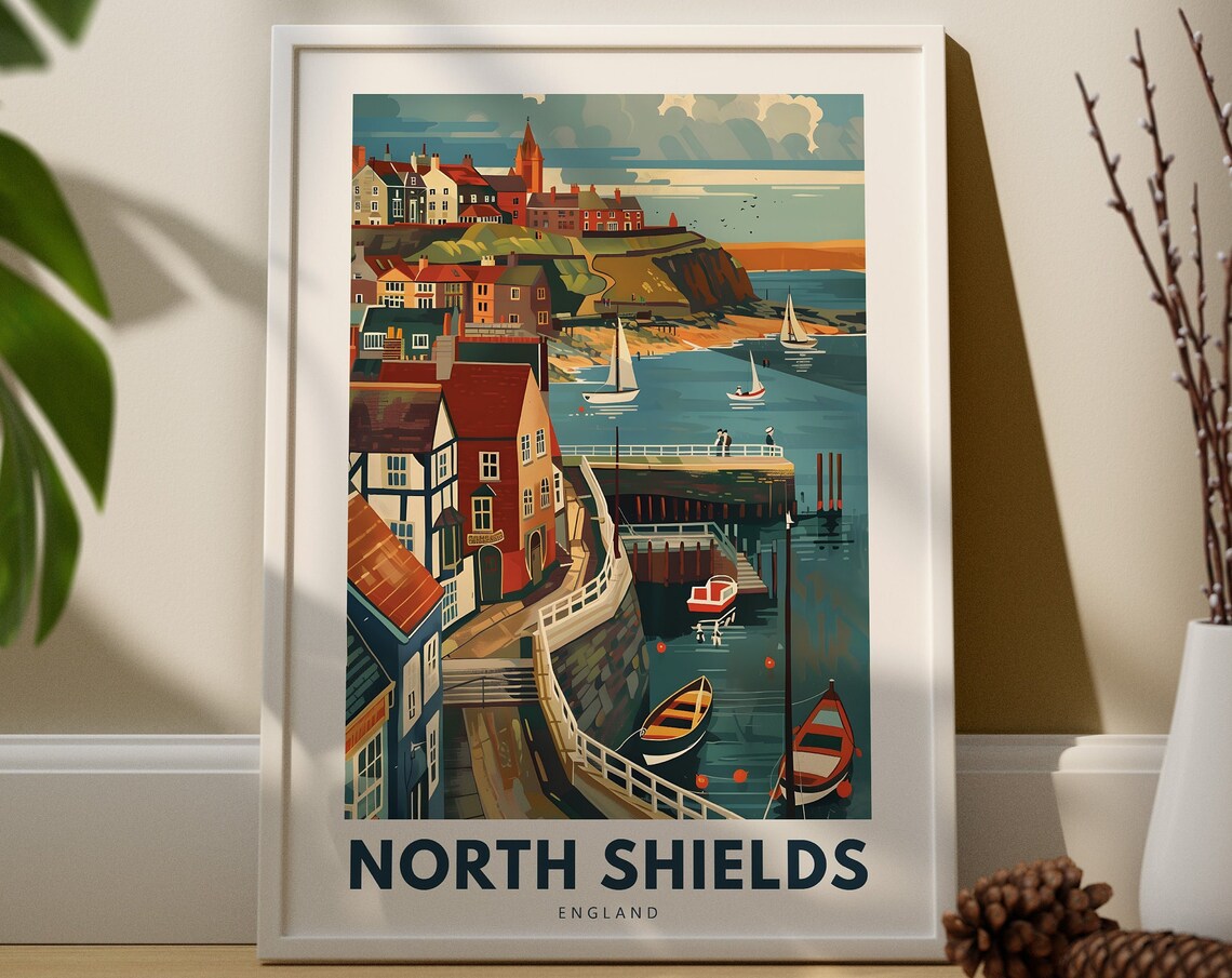 North Shields England Harbour Sailboats Cliffs Coastal Travel Poster