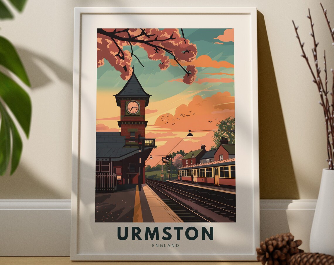 Urmston England Railway Station Clock Tower Sunset Travel Poster