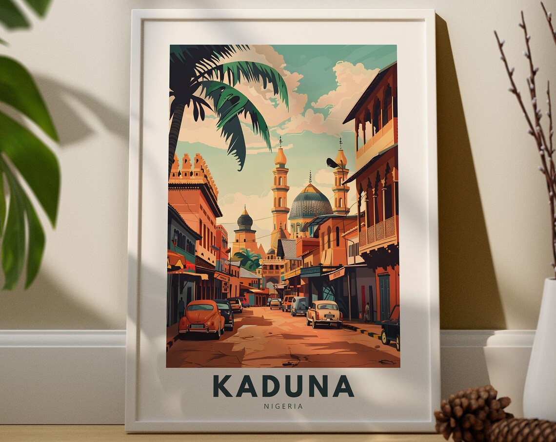 Kaduna Nigeria City Street Mosque Minarets Vintage Travel Poster