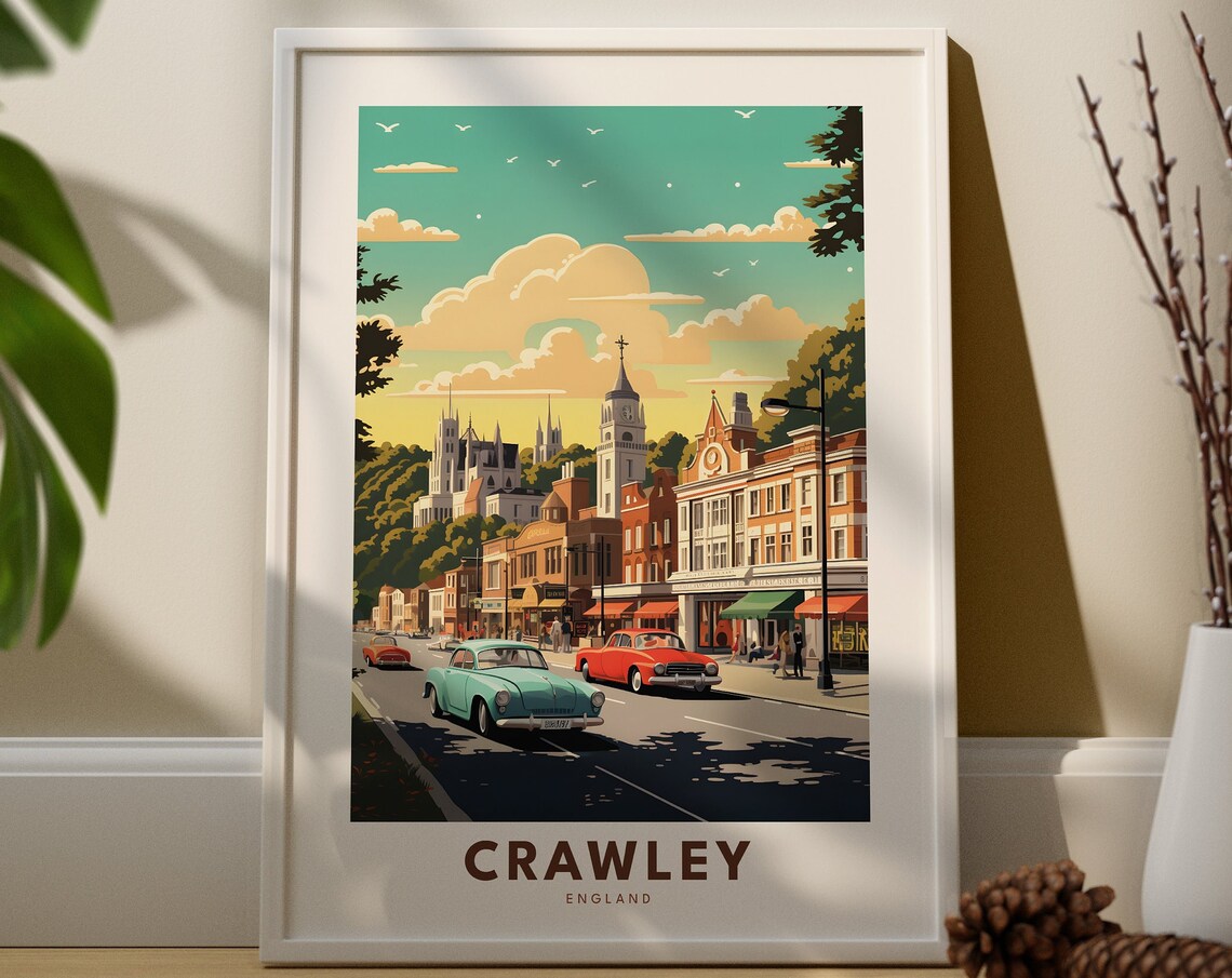 Crawley England Vintage Travel Poster Classic Cars Church Street Scene Artwork