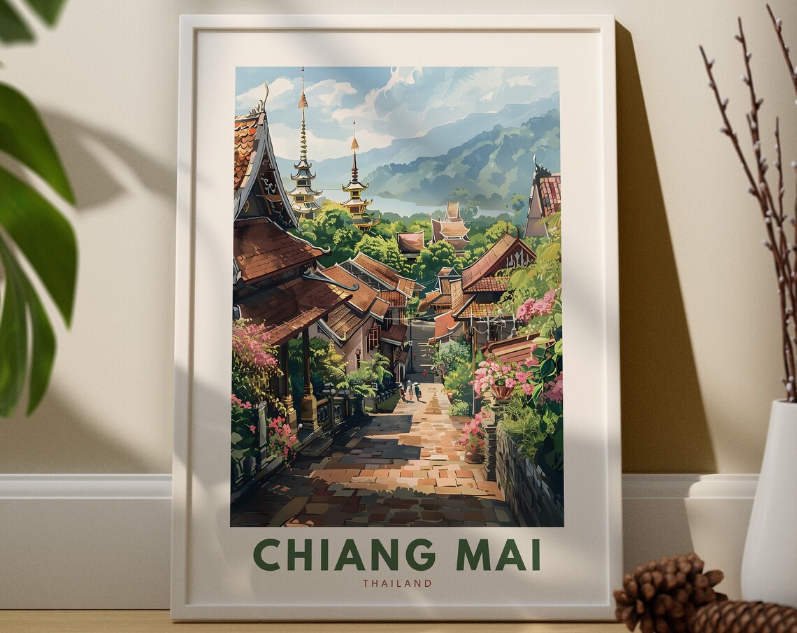 Chiang Mai Thailand Temples Vintage Travel Poster Street Scene