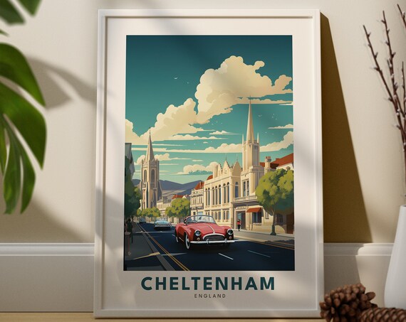 Cheltenham England Travel Poster Vintage Car Historic Spa Town Street