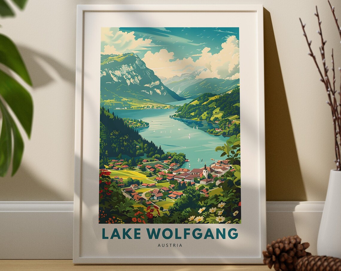 Lake Wolfgang Austria Travel Poster with Alpine Village and Sailboats