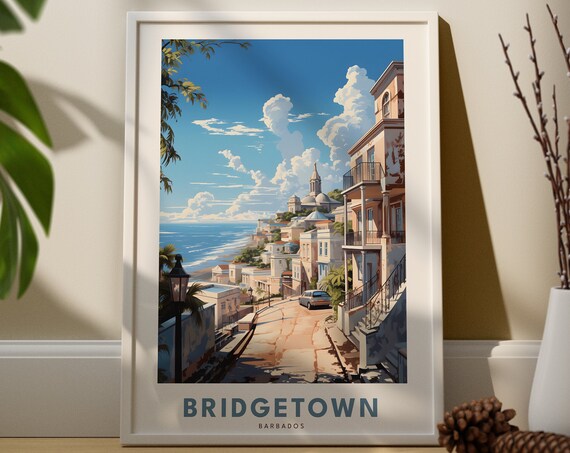 Bridgetown Barbados Vintage Travel Poster Caribbean Street Scene