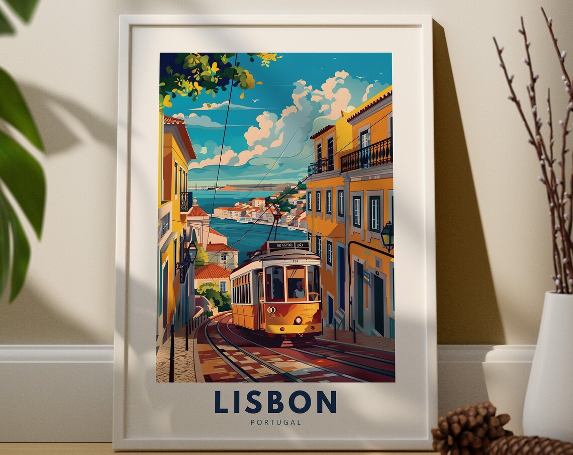 Lisbon Portugal Tram Vintage Travel Poster Coastal City Scene