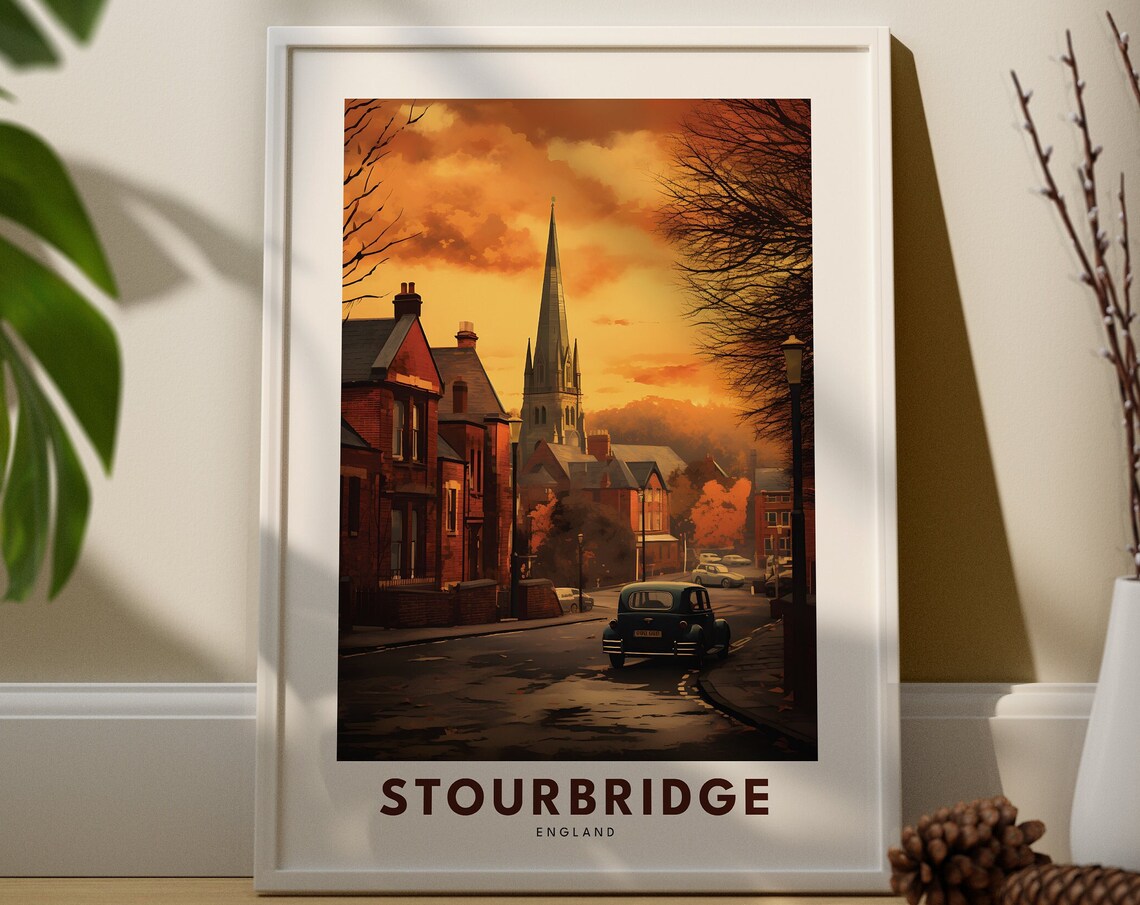 Stourbridge England Sunset Street Church Spire Vintage Travel Poster