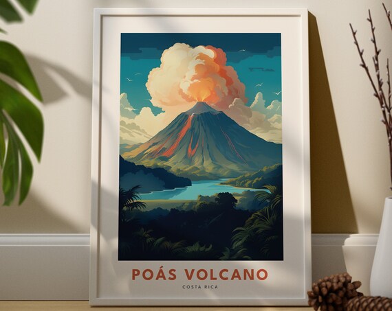 Poas Volcano Costa Rica Travel Poster Erupting Mountain Jungle Landscape