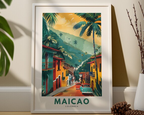 Maicao Colombia Colorful Old Town Street Vintage Car Travel Poster