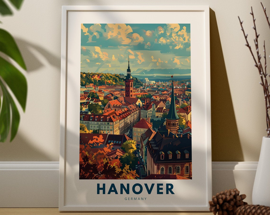 Hanover Germany Travel Poster Autumn Old Town Rooftops Skyline Art