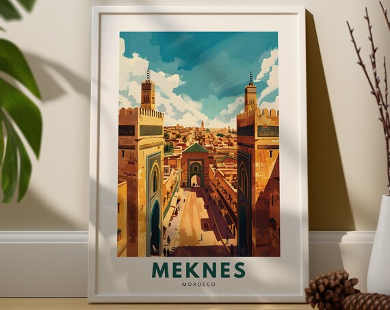 Meknes Morocco Ancient City Gate Minarets Vintage Travel Poster