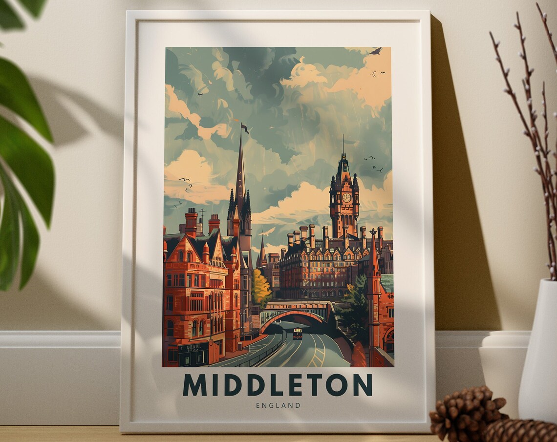 Middleton England Red Brick Clock Tower Travel Poster City Decor