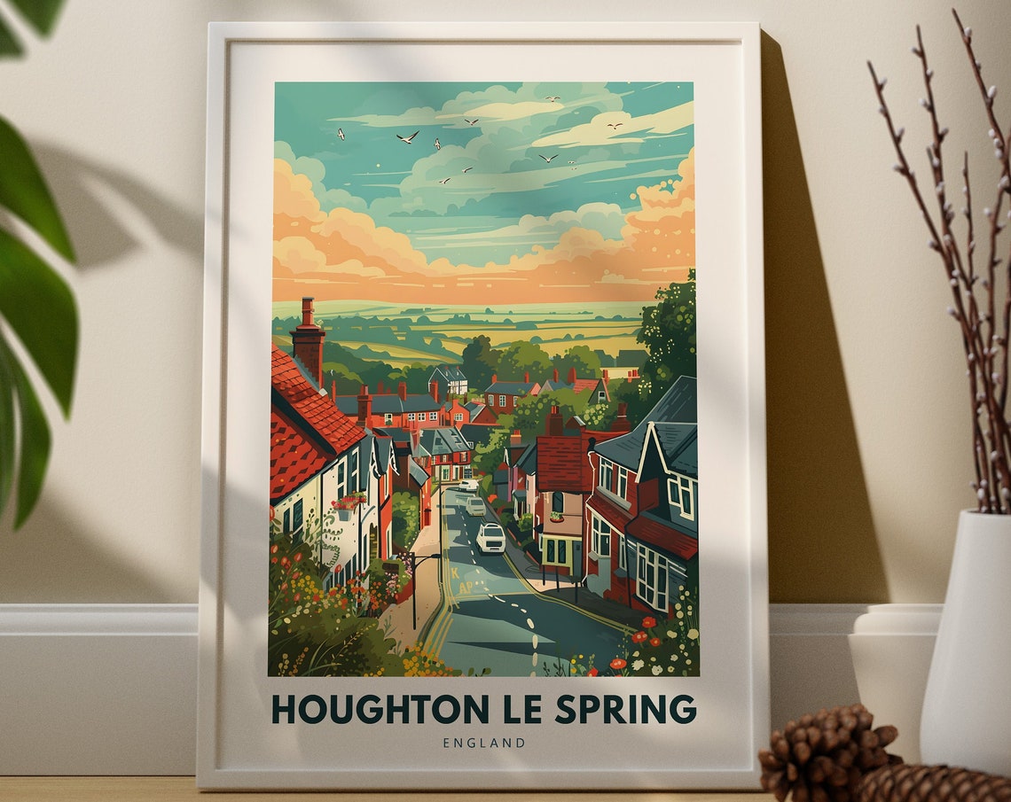 Houghton Le Spring England Village Street Hills Retro Travel Poster
