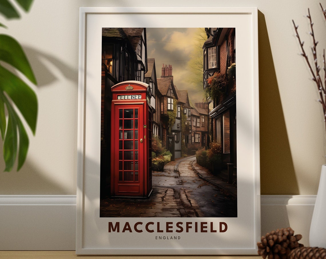 Macclesfield England Red Phone Box Cobblestone Travel Poster