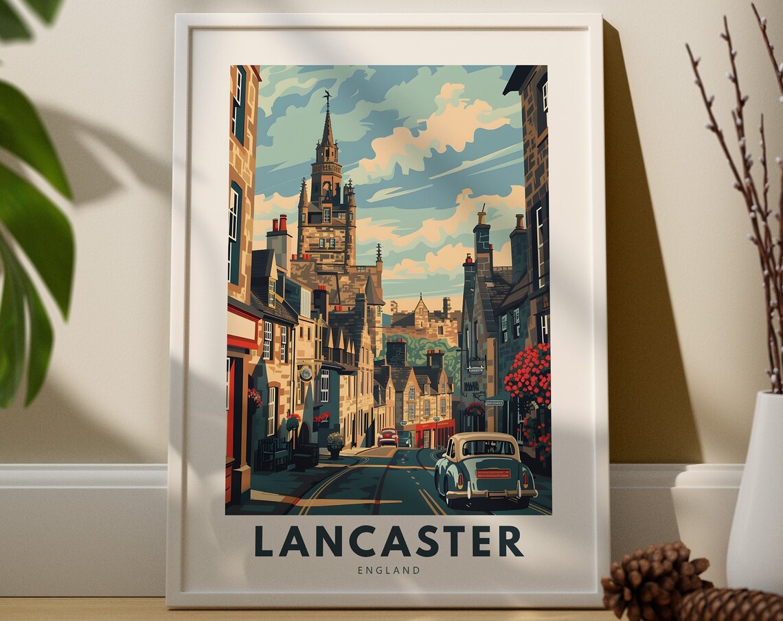 Lancaster England Historic Stone Street Retro Travel Poster Vintage Car