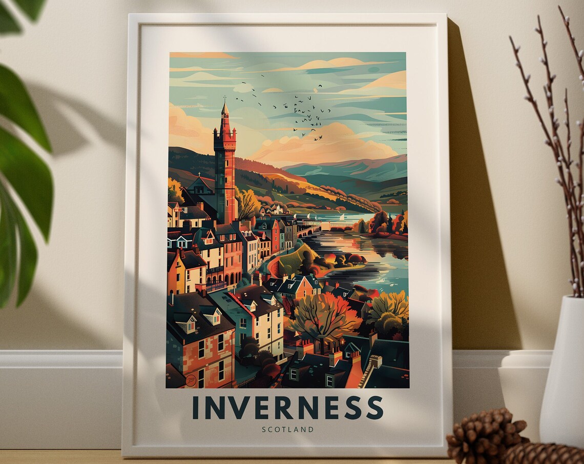 Inverness Scotland Riverside Castle Cityscape Vintage Style Travel Poster