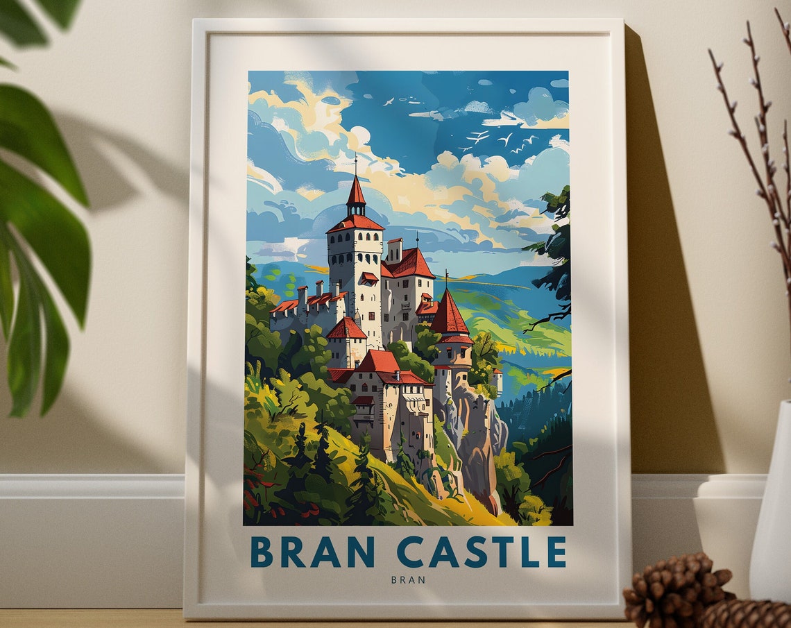 Bran Castle Romania Dracula Cliffs Vintage Travel Art Poster