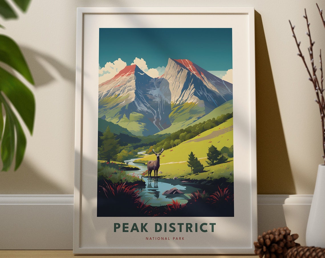 Peak District National Park Deer Mountain Stream Travel Poster