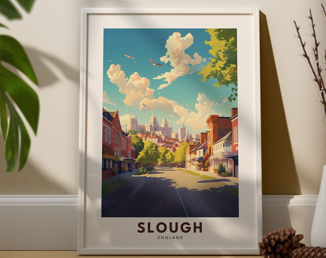 Slough England Travel Poster Of Sunny Town Street And Historic Abbey