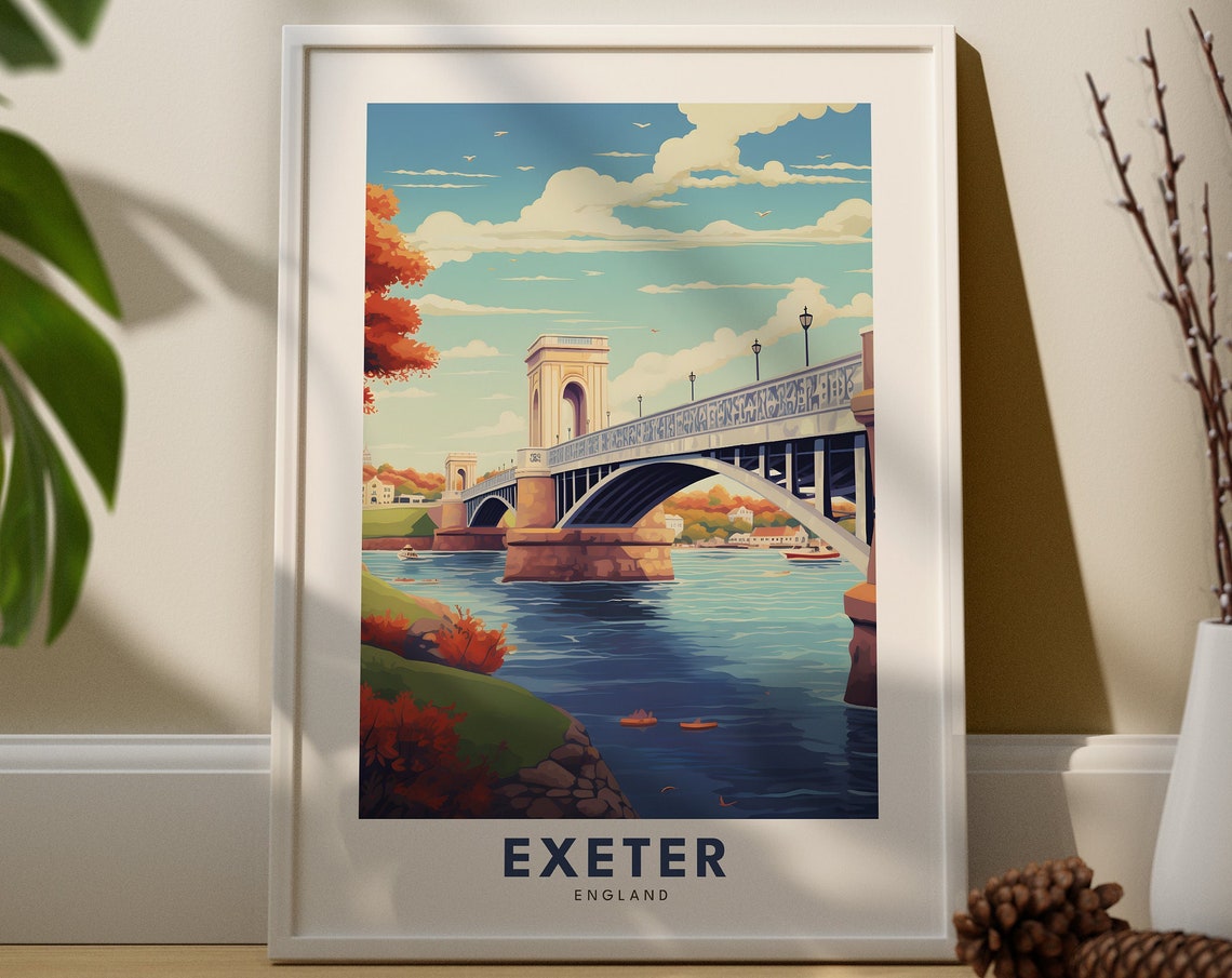 Exeter England River Bridge Autumn Travel Illustration Poster