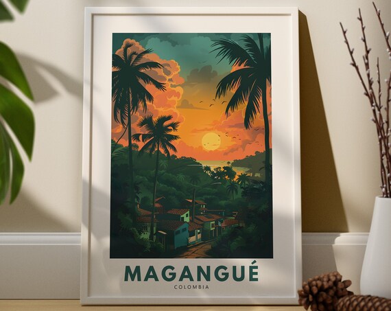 Magangué Colombia Tropical Sunset Palm Beach Village Travel Poster