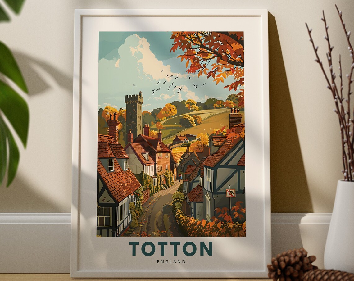 Totton England Autumn High Street Castle Tower Retro Travel Poster
