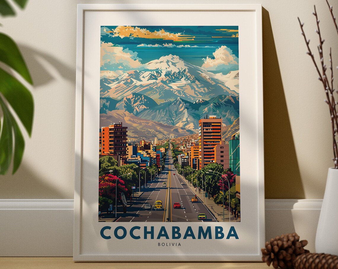 Cochabamba Bolivia City Avenue Snowy Andes Mountains Travel Poster