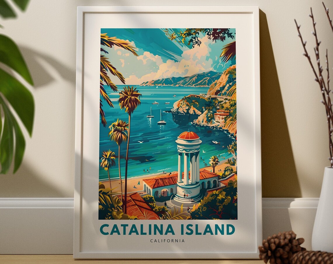 Catalina Island California Travel Poster Avalon Harbor Boats Cliff Scene