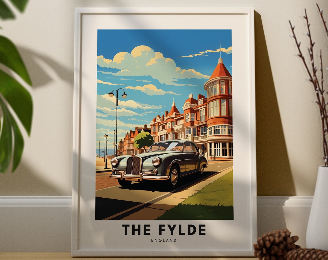 The Fylde England Seaside Grand Hotel Vintage Motor Car Travel Poster