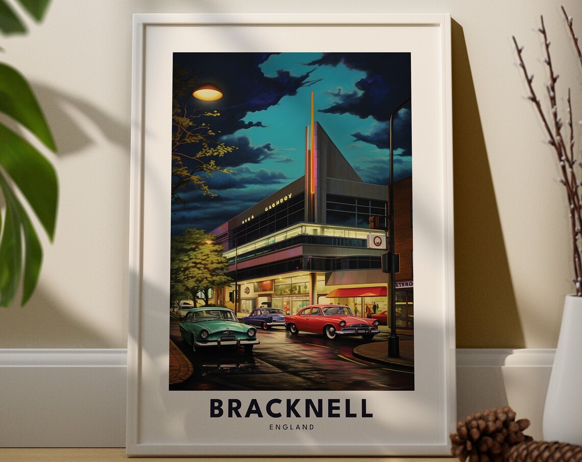 Bracknell England Retro Night Street Travel Poster City Decor