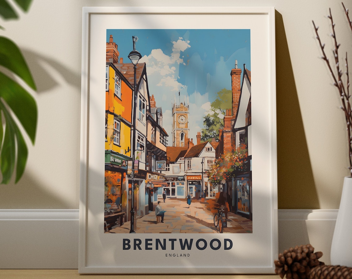 Brentwood England Historic High Street Clock Tower Travel Poster