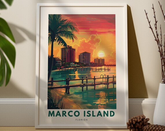 Marco Island Florida Sunset Pier Palms Vintage Travel Poster