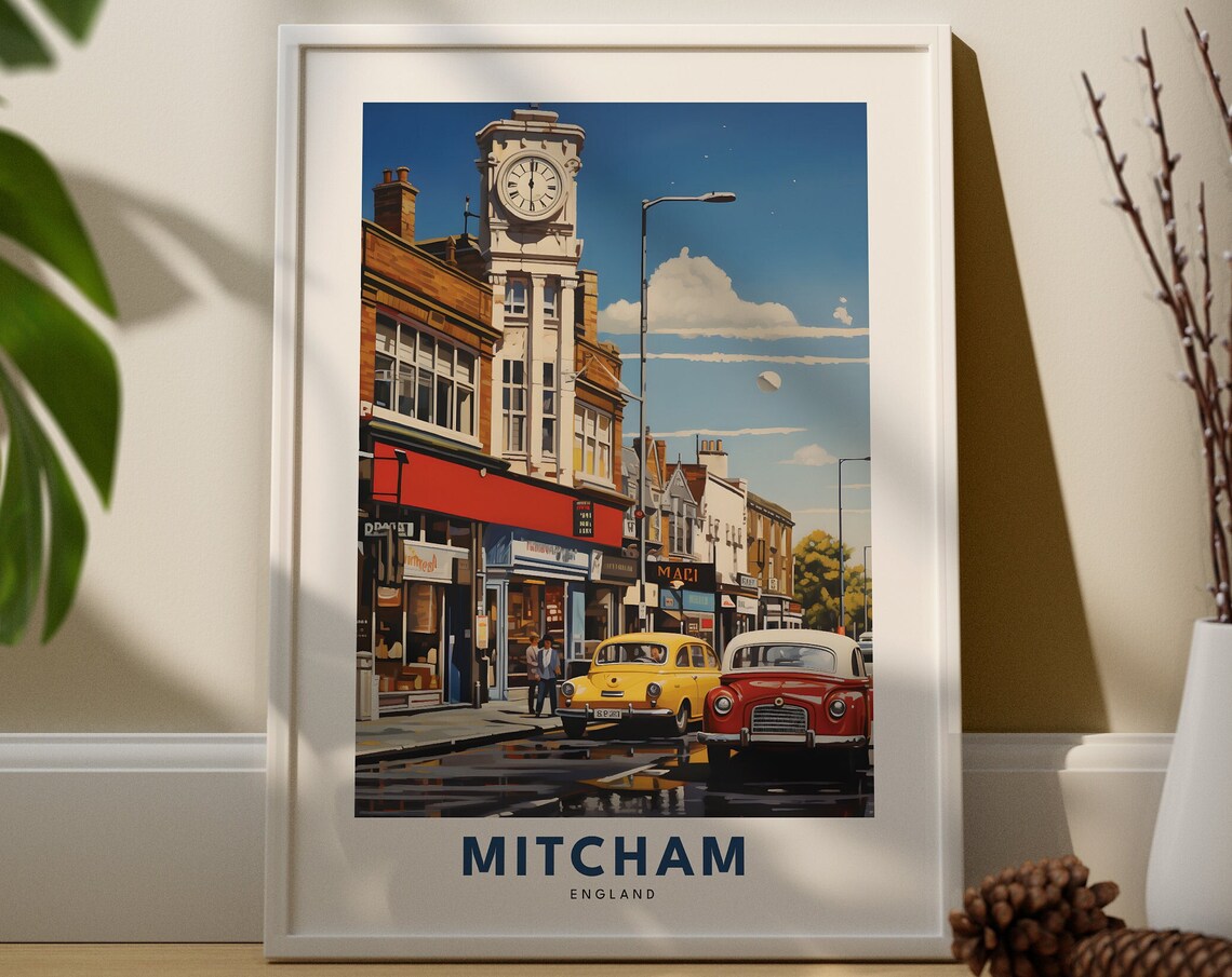 Mitcham England Vintage Travel Art Clock Tower Street Classic Cars Poster