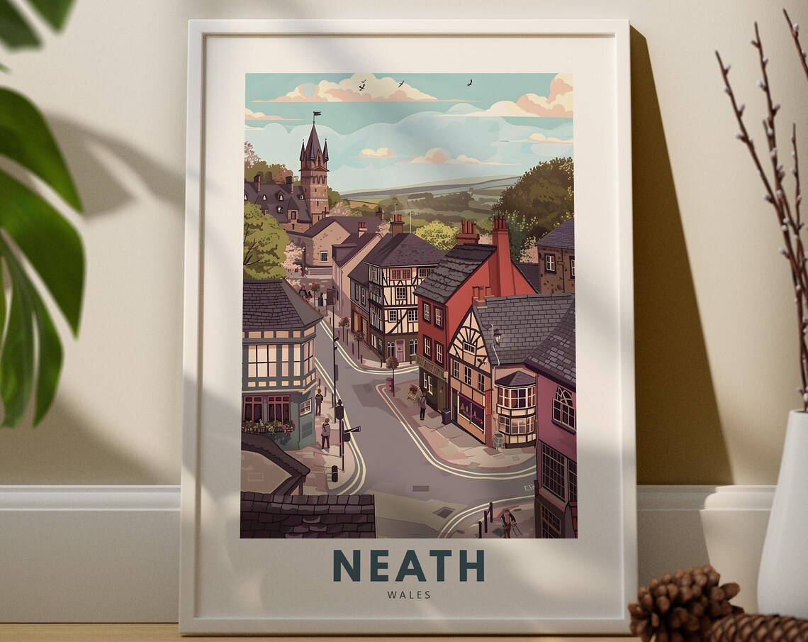 Neath Wales Vintage Town Street Church Tower Travel Poster Art