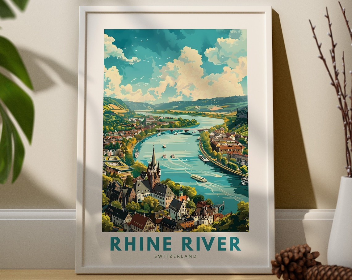 Rhine River Switzerland Vintage Travel Poster Riverside Town View