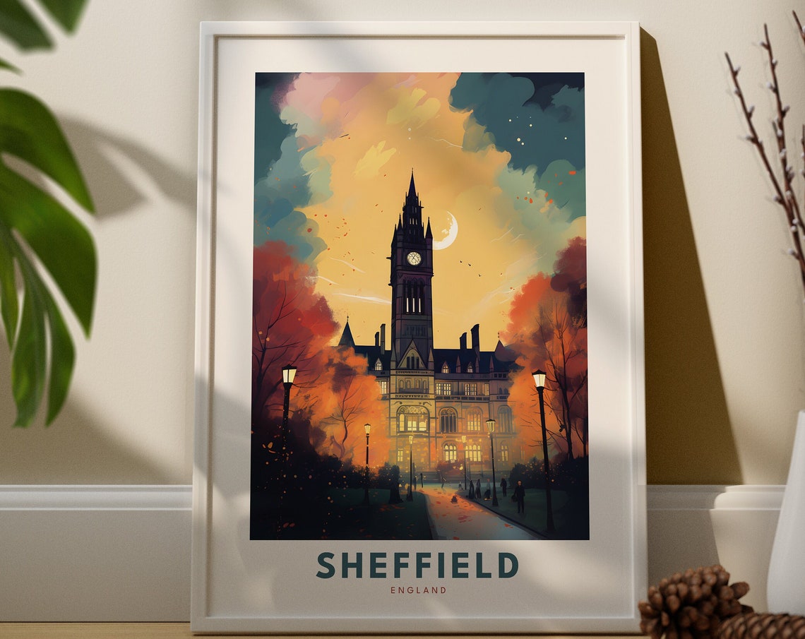 Sheffield England Clock Tower Dusk Autumn Vintage Travel Poster