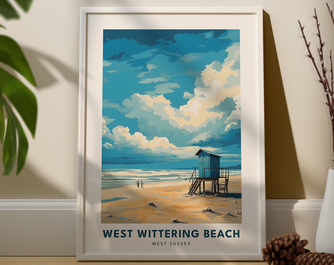 West Wittering Beach Sussex Travel Poster Beach Hut Sea Clouds